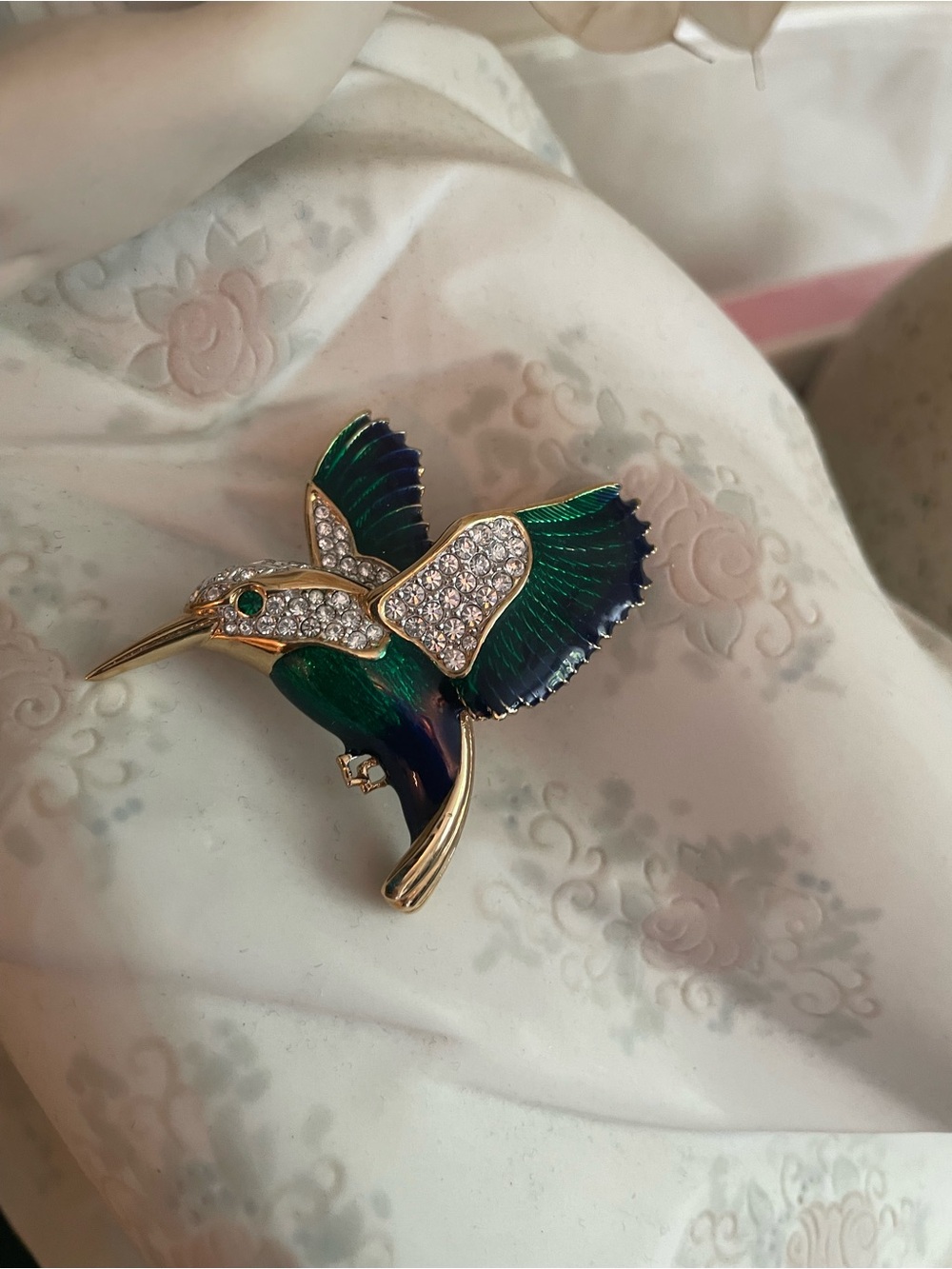 Vintage 1980 Caplan Atwood & Sawyer Kingfisher Swarovski Hummingbird Brooch Pin